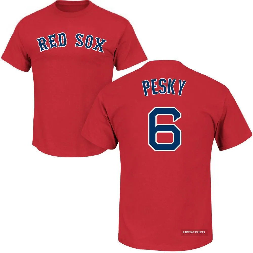 Johnny Pesky Boston Red Sox ＃6 Scarlet Roster T-Shirt