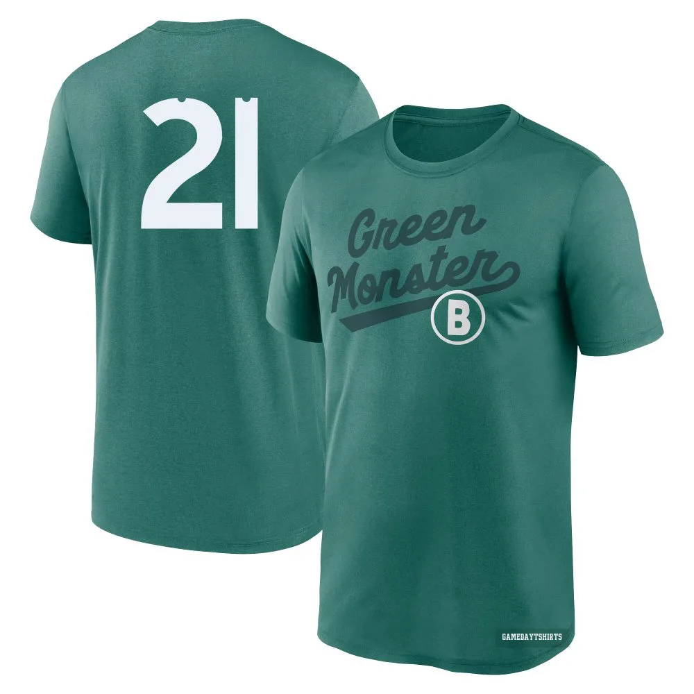 Roger Clemens Boston Red Sox ＃21 Green 2025 City Connect Team Phrase Script Performance T-Shirt