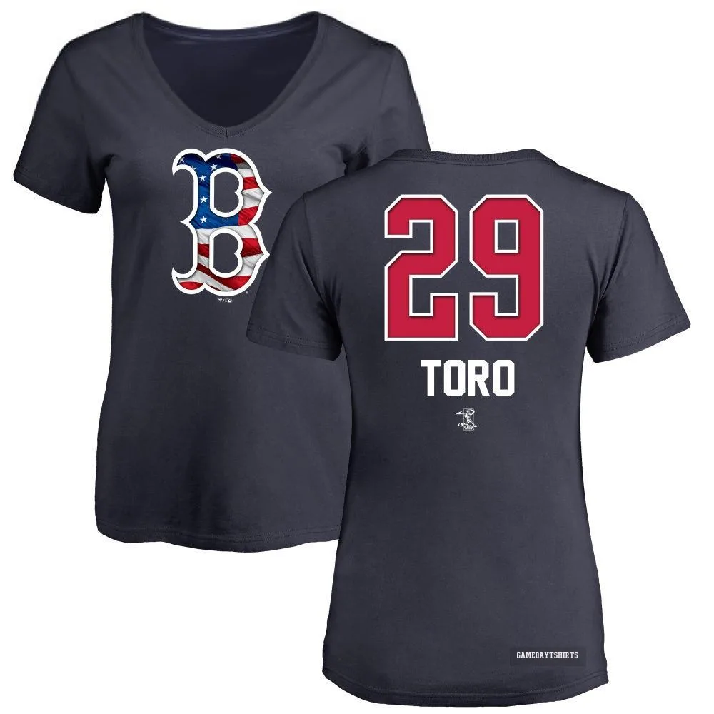 Women's Abraham Toro Boston Red Sox ＃29 Navy Name and Number Banner Wave V-Neck T-Shirt