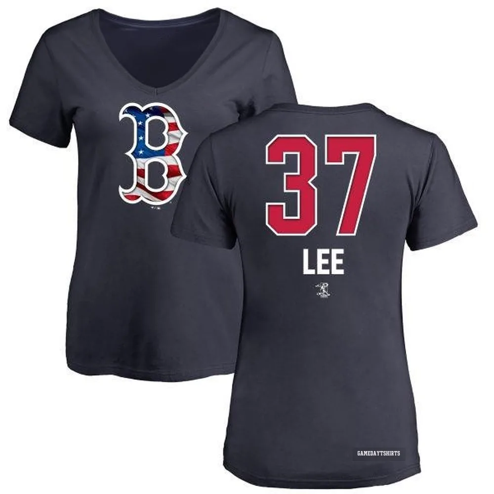 Women's Bill Lee Boston Red Sox ＃37 Navy Name and Number Banner Wave V-Neck T-Shirt