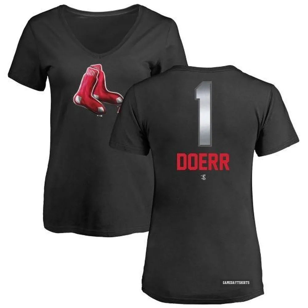 Women's Bobby Doerr Boston Red Sox ＃1 Black Midnight Mascot V-Neck T-Shirt