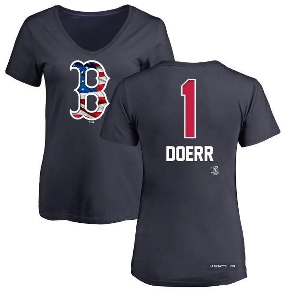 Women's Bobby Doerr Boston Red Sox ＃1 Navy Name and Number Banner Wave V-Neck T-Shirt