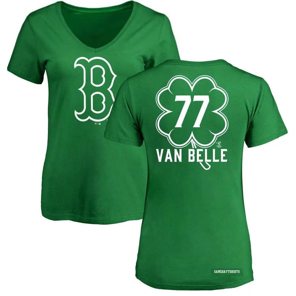 Women's Brian Van Belle Boston Red Sox ＃77 Green Dubliner V-Neck T-Shirt Kelly