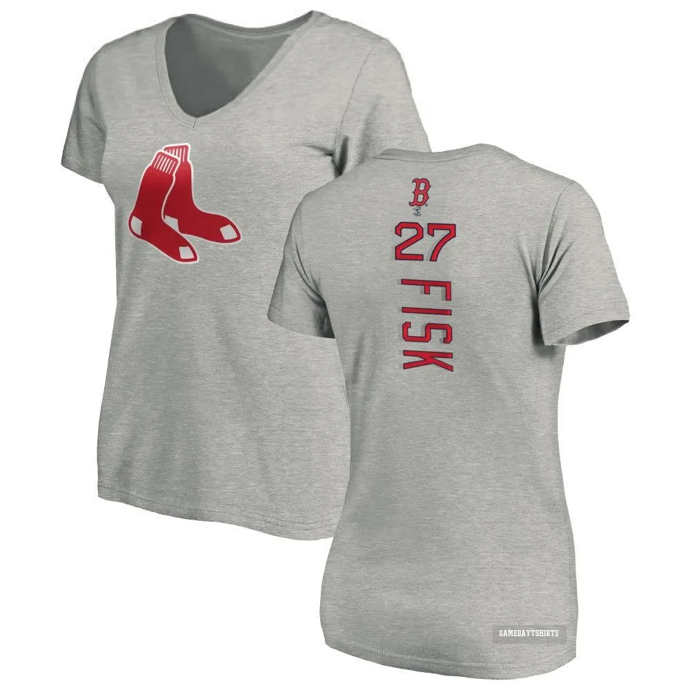 Women's Carlton Fisk Boston Red Sox ＃27 Backer Slim Fit T-Shirt Ash
