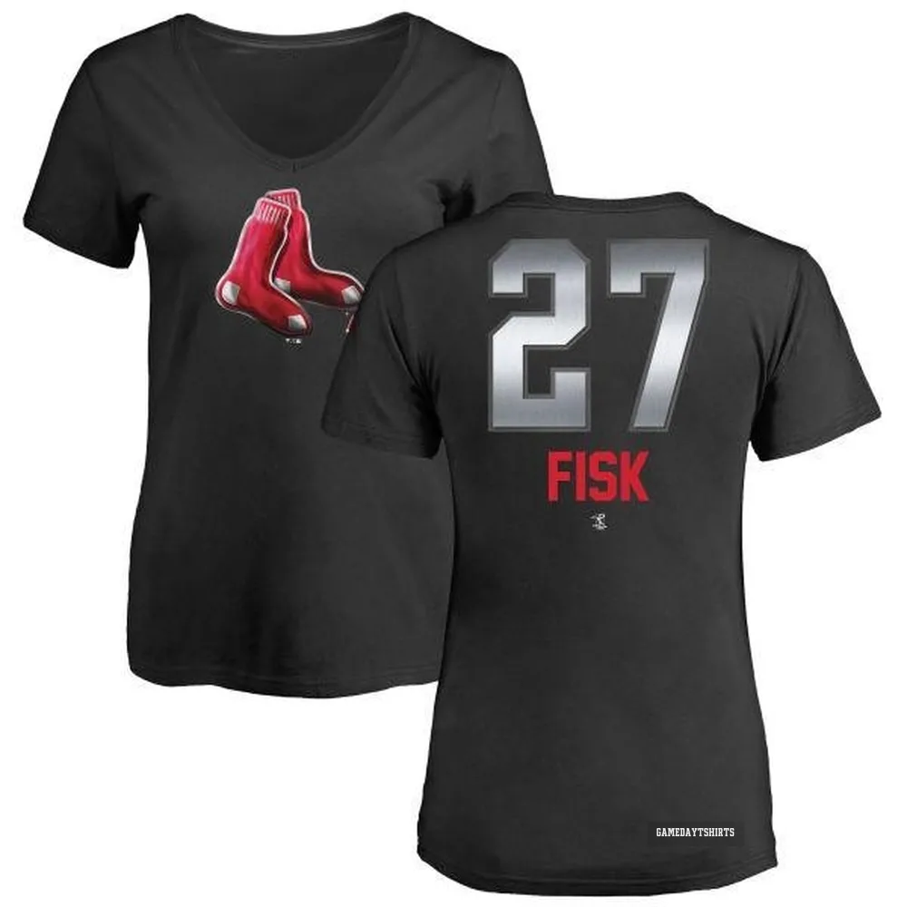 Women's Carlton Fisk Boston Red Sox ＃27 Black Midnight Mascot V-Neck T-Shirt