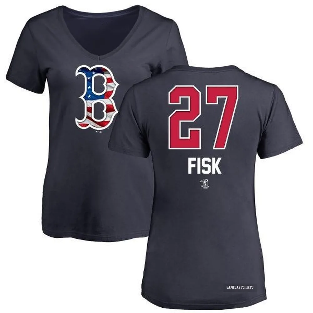 Women's Carlton Fisk Boston Red Sox ＃27 Navy Name and Number Banner Wave V-Neck T-Shirt