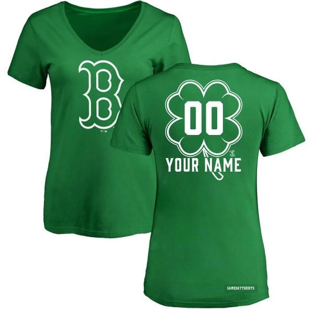 Women's Custom Boston Red Sox ＃00 Green Dubliner V-Neck T-Shirt Kelly