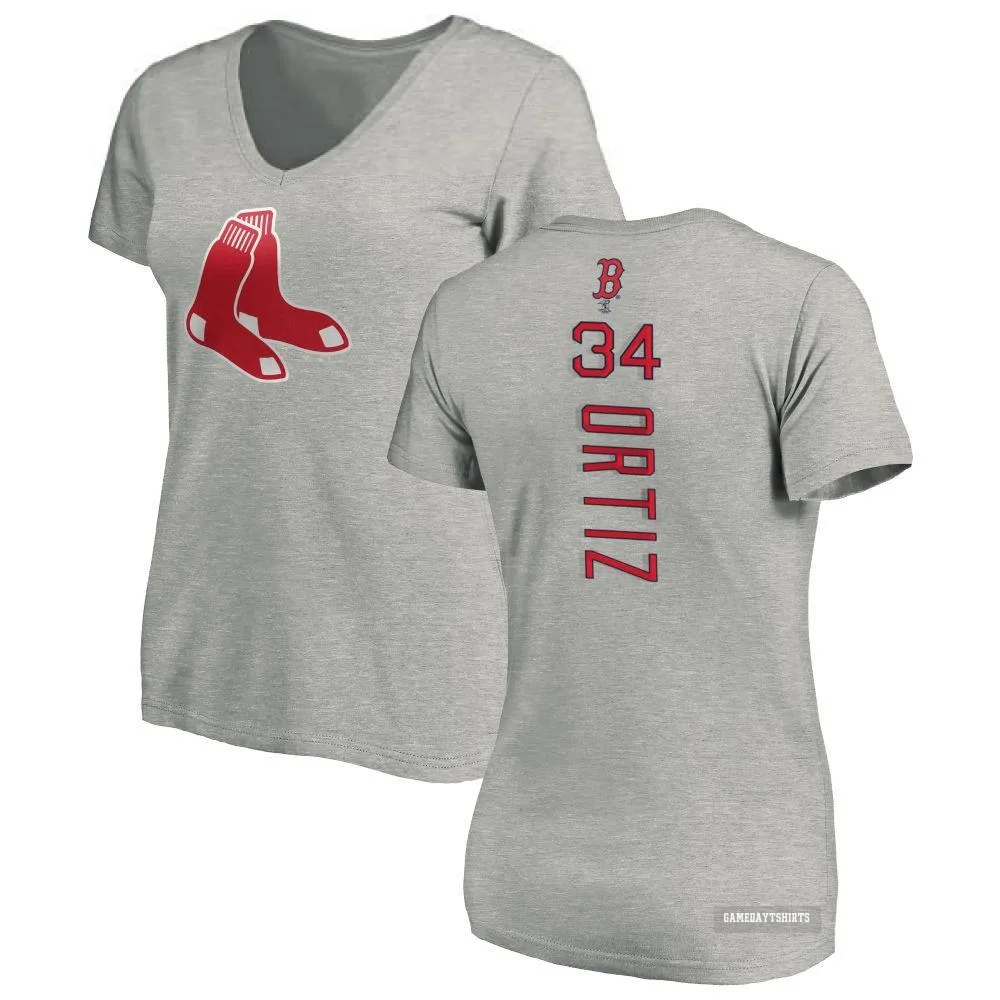 Women's David Ortiz Boston Red Sox ＃34 Backer Slim Fit T-Shirt Ash