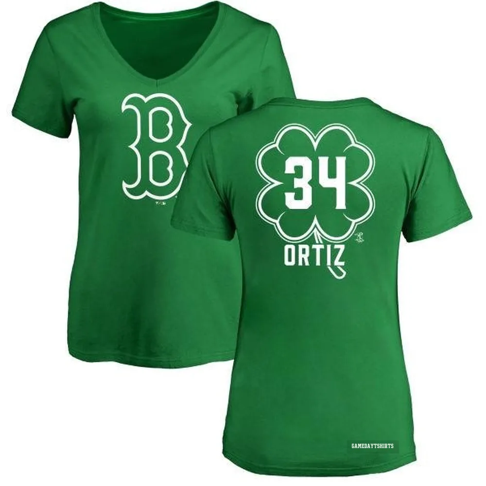 Women's David Ortiz Boston Red Sox ＃34 Green Dubliner V-Neck T-Shirt Kelly