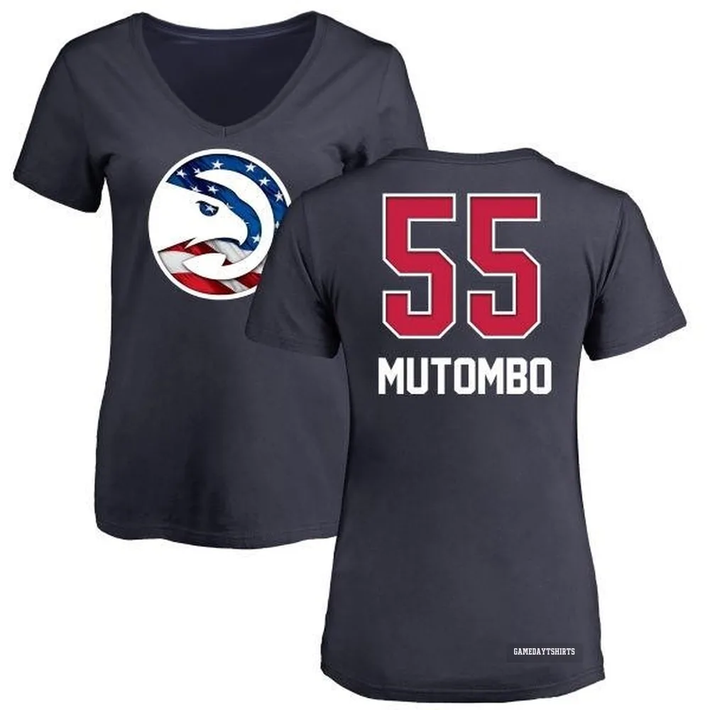 Women's Dikembe Mutombo Atlanta Hawks ＃55 Navy Name and Number Banner Wave V-Neck T-Shirt