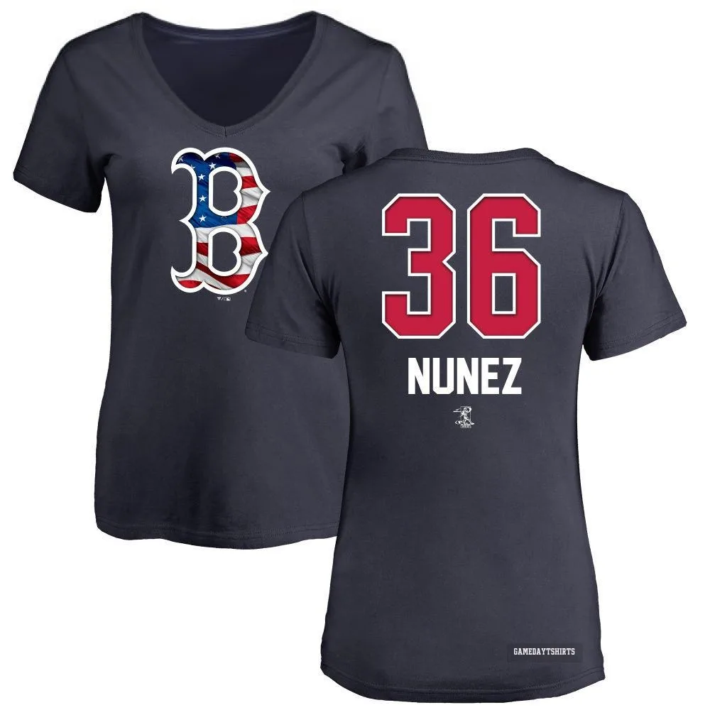 Women's Eduardo Nunez Boston Red Sox ＃36 Navy Name and Number Banner Wave V-Neck T-Shirt
