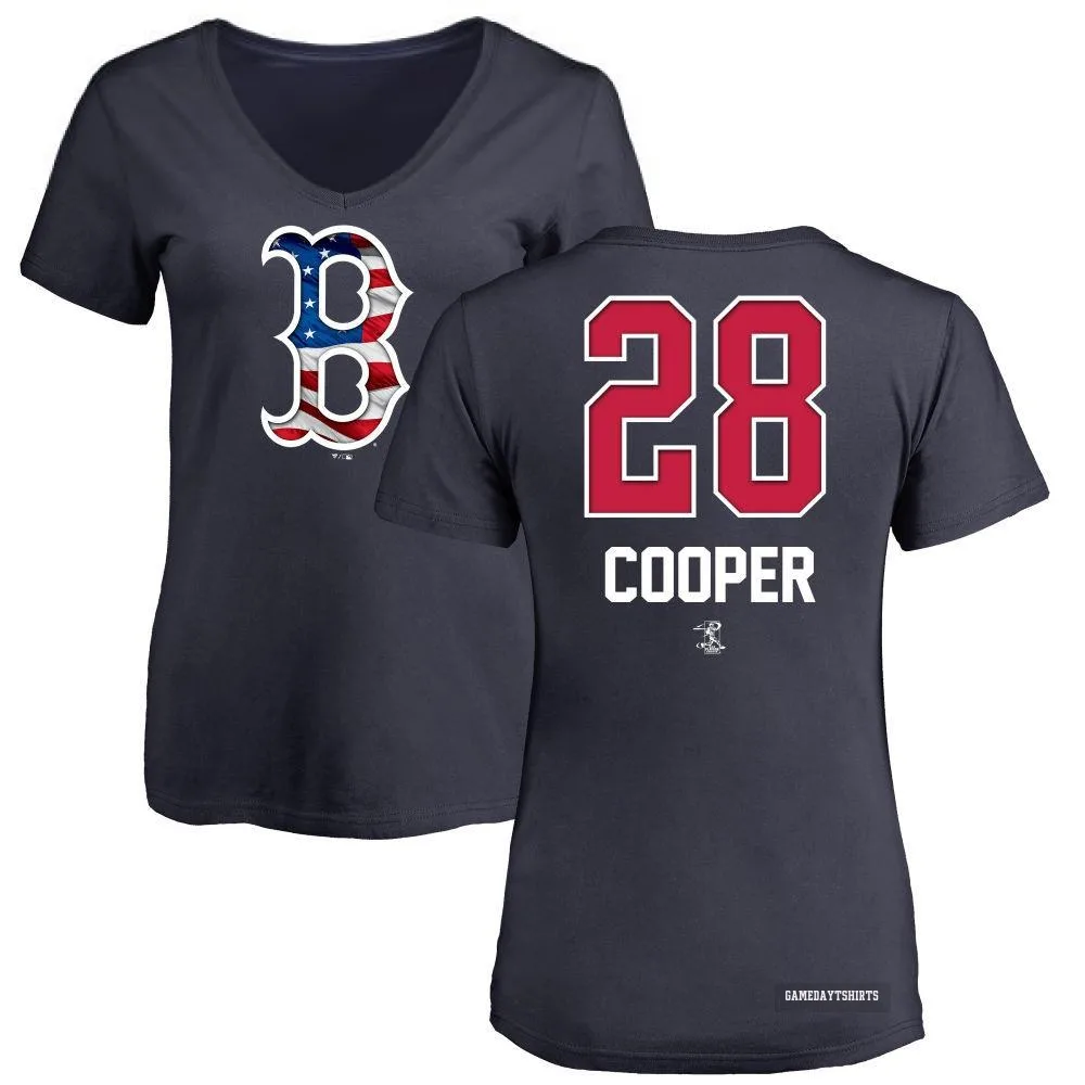 Women's Garrett Cooper Boston Red Sox ＃28 Navy Name and Number Banner Wave V-Neck T-Shirt