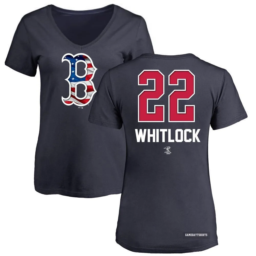 Women's Garrett Whitlock Boston Red Sox ＃22 Navy Name and Number Banner Wave V-Neck T-Shirt