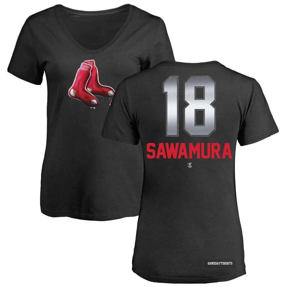 Women's Hirokazu Sawamura Boston Red Sox ＃18 Black Midnight Mascot V-Neck T-Shirt