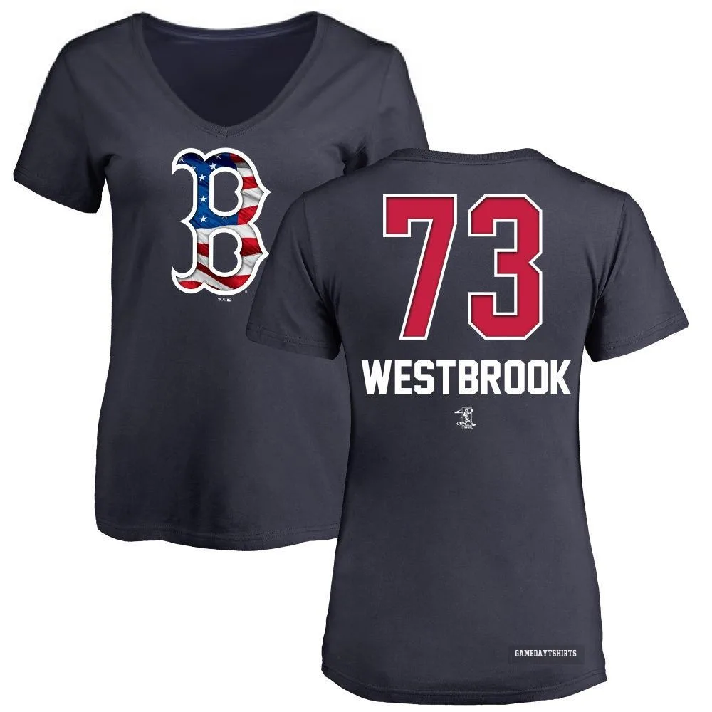 Women's Jamie Westbrook Boston Red Sox ＃73 Navy Name and Number Banner Wave V-Neck T-Shirt