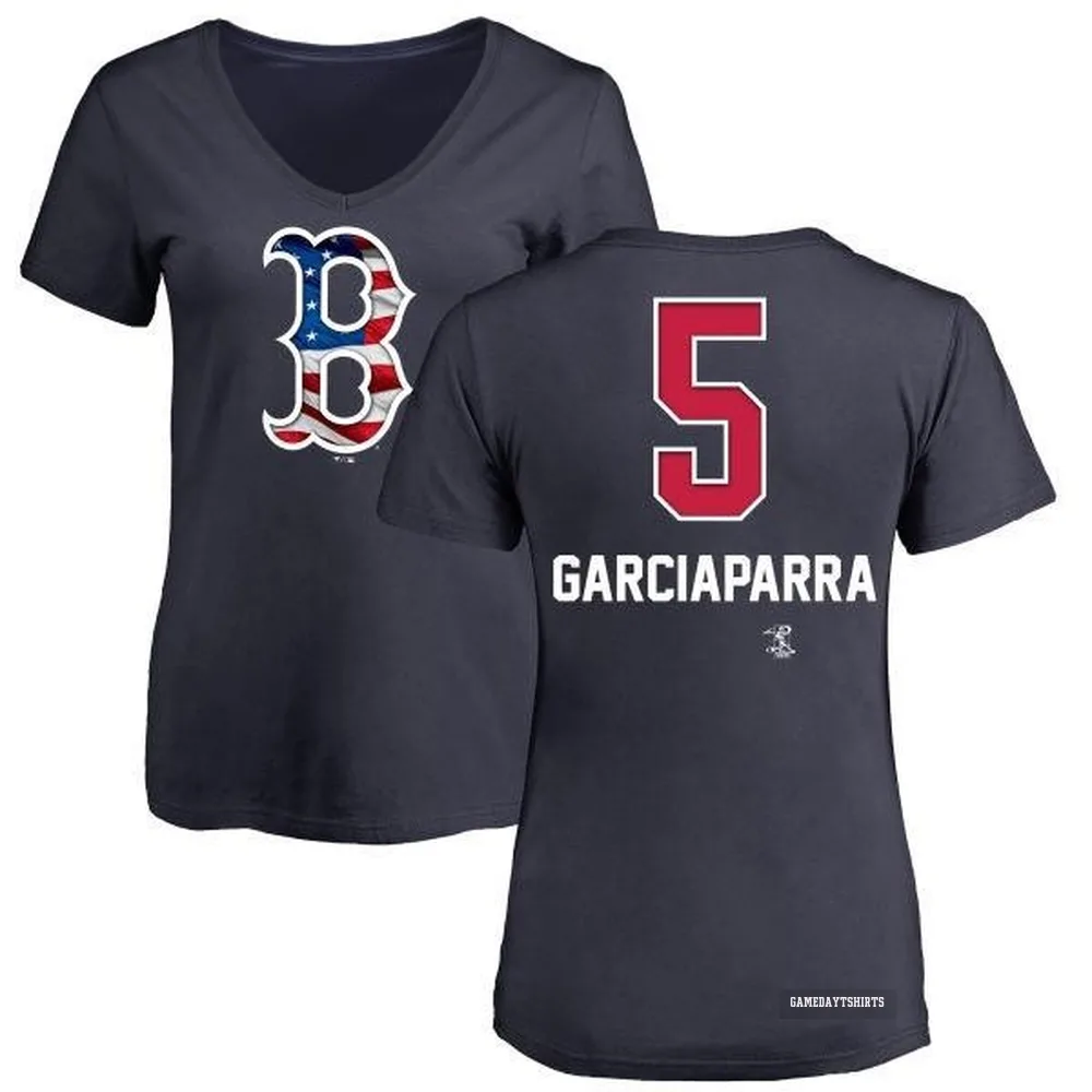 Women's Nomar Garciaparra Boston Red Sox ＃5 Navy Name and Number Banner Wave V-Neck T-Shirt
