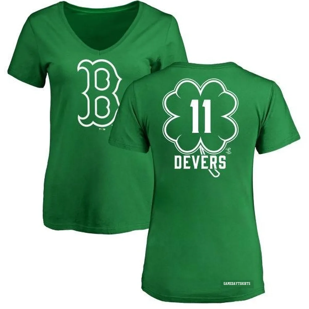 Women's Rafael Devers Boston Red Sox ＃11 Green Dubliner V-Neck T-Shirt Kelly