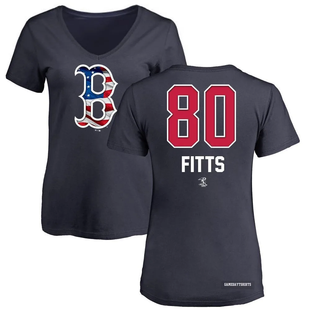 Women's Richard Fitts Boston Red Sox ＃80 Navy Name and Number Banner Wave V-Neck T-Shirt