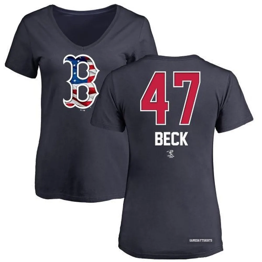 Women's Rod Beck Boston Red Sox ＃47 Navy Name and Number Banner Wave V-Neck T-Shirt
