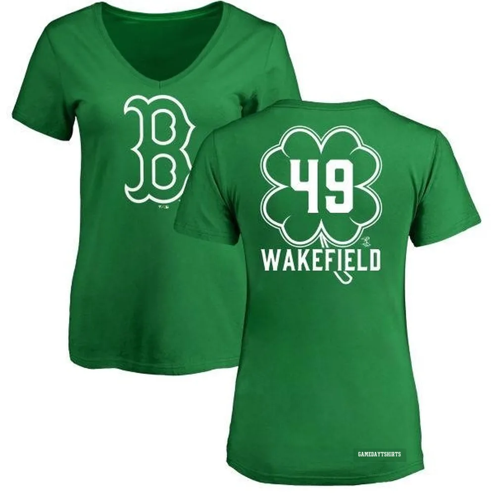 Women's Tim Wakefield Boston Red Sox ＃49 Green Dubliner V-Neck T-Shirt Kelly