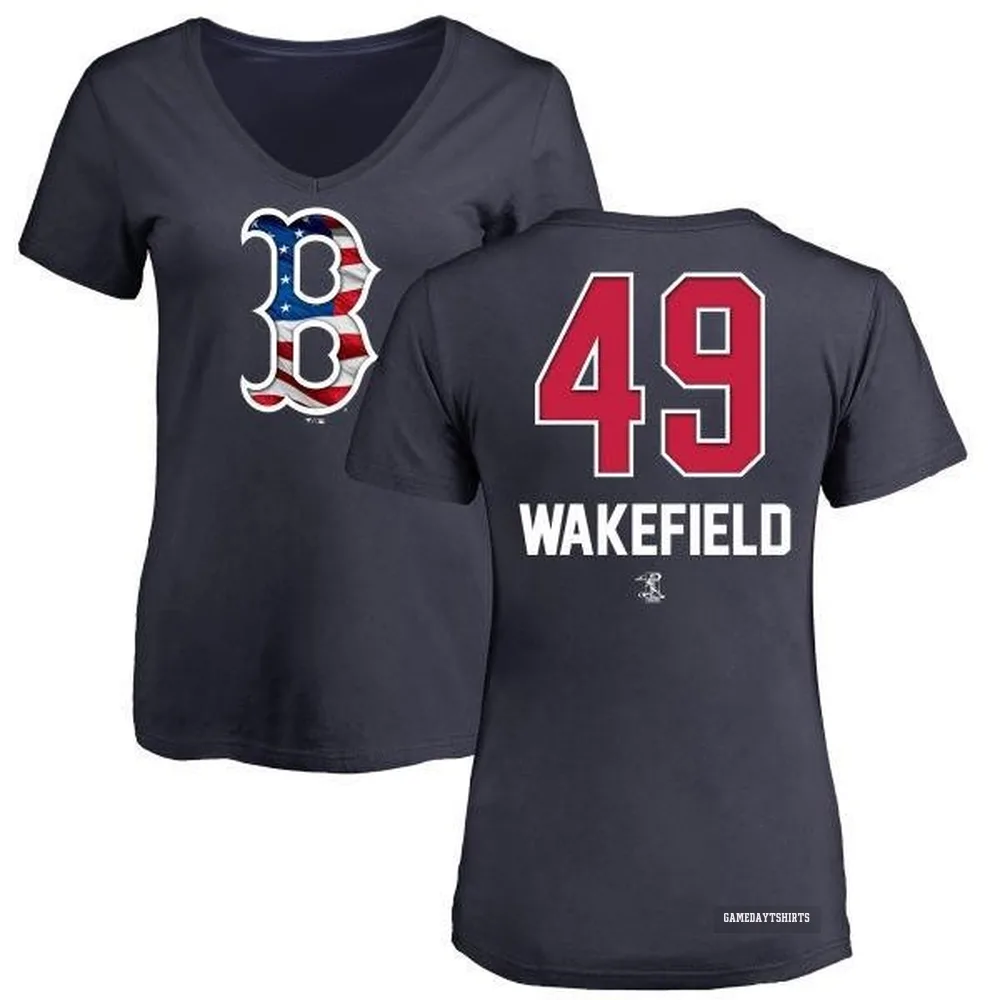 Women's Tim Wakefield Boston Red Sox ＃49 Navy Name and Number Banner Wave V-Neck T-Shirt
