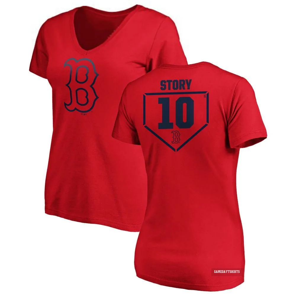 Women's Trevor Story Boston Red Sox ＃10 Red RBI Slim Fit V-Neck T-Shirt