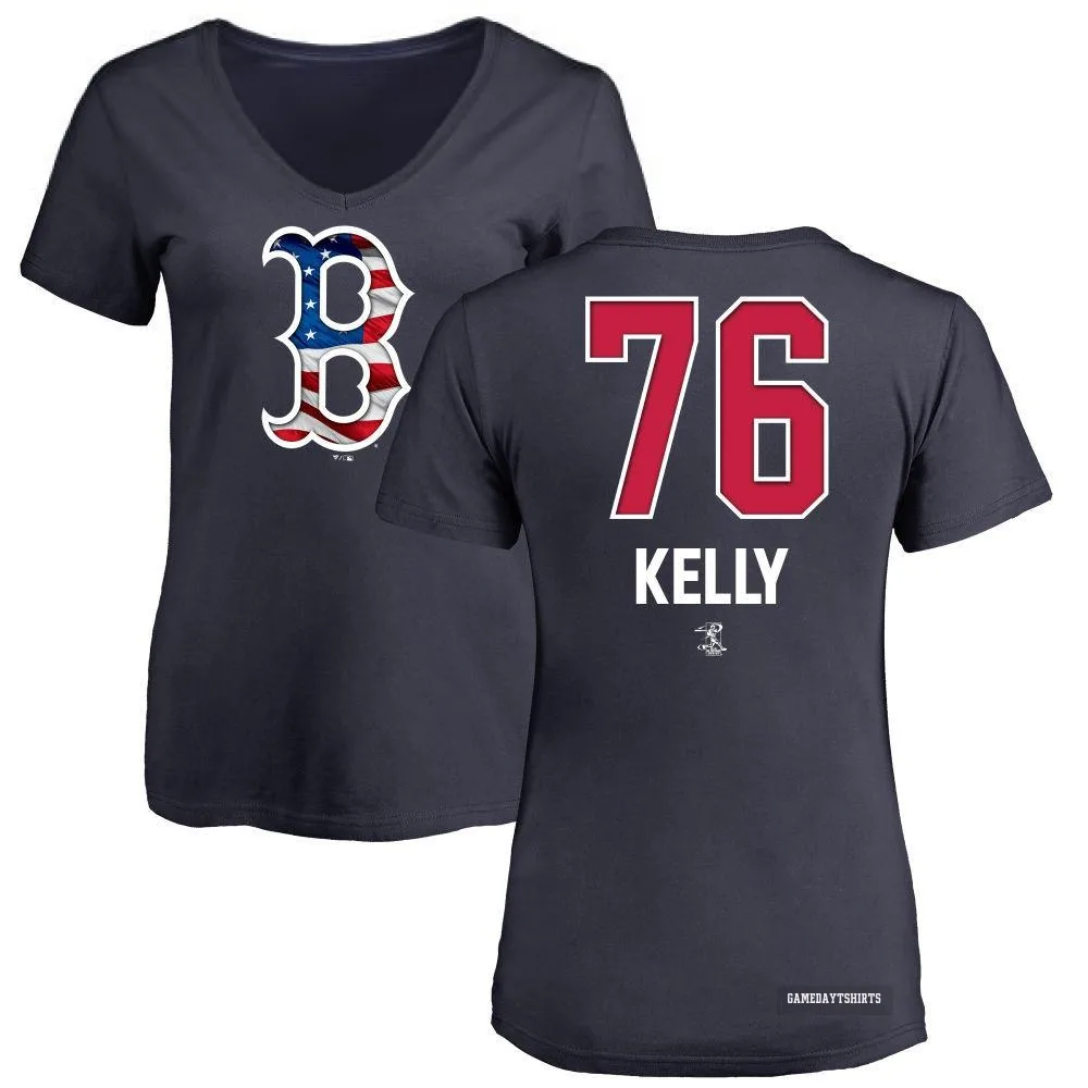 Women's Zack Kelly Boston Red Sox ＃76 Navy Name and Number Banner Wave V-Neck T-Shirt